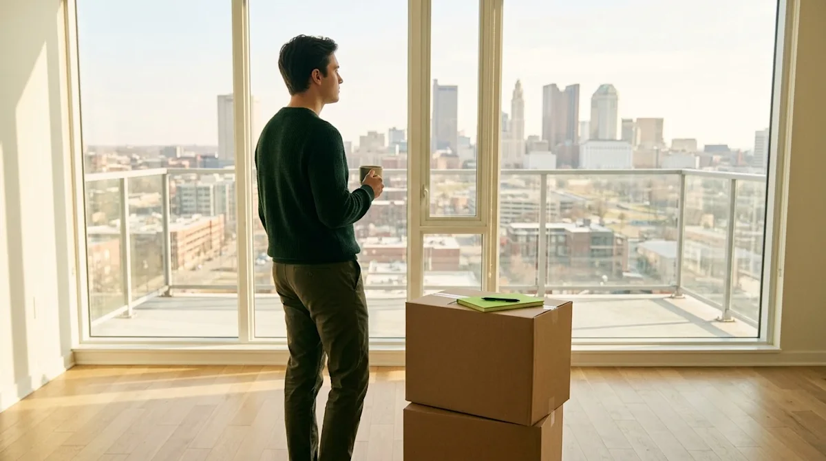 Cinematic lifestyle photography of a thoughtful young professional standing in an empty, sun-drenched new apartment, looking