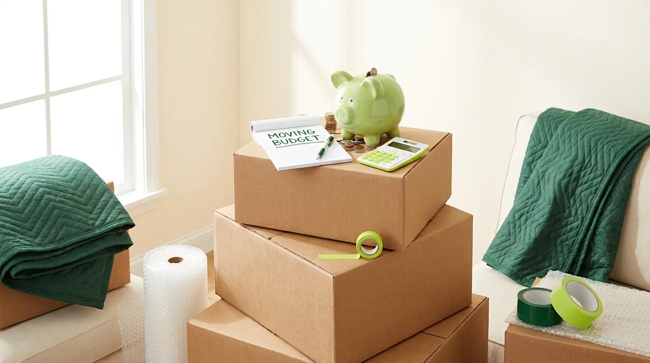 Green piggy bank on moving boxes with calculator and budget notepad illustrating saving money while moving.