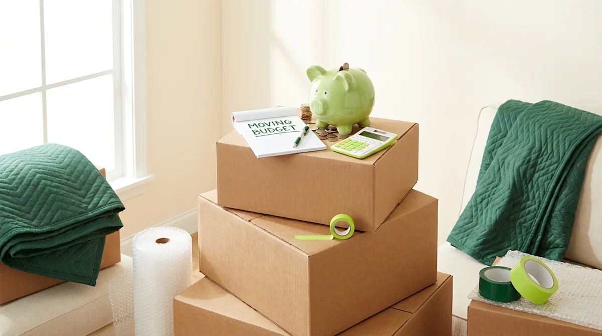 Green piggy bank on moving boxes with calculator and budget notepad illustrating saving money while moving.