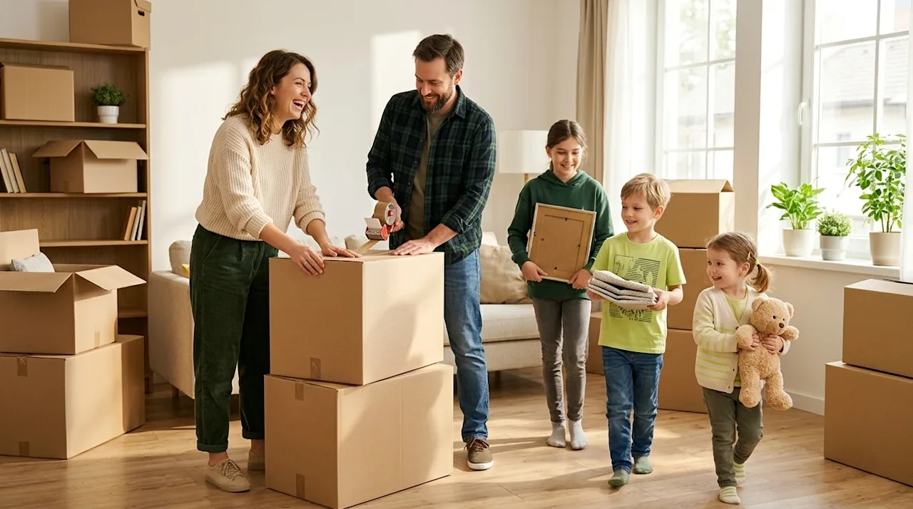 A professional lifestyle marketing photograph of a large, happy family on moving day, demonstrating a stress-free move. A mot