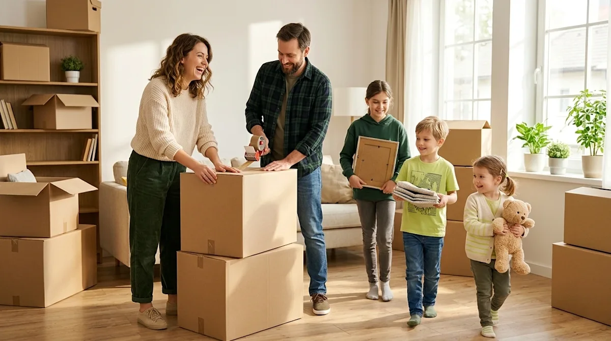 A professional lifestyle marketing photograph of a large, happy family on moving day, demonstrating a stress-free move. A mot