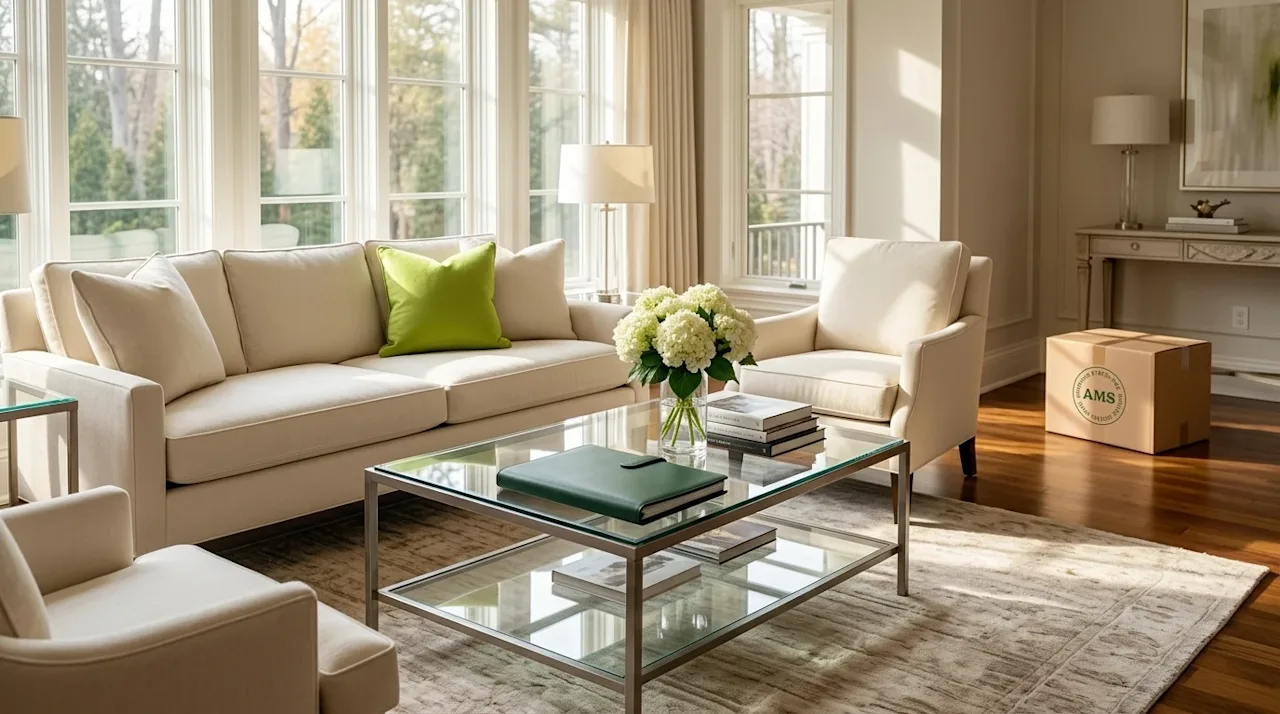 Clear and professional marketing photography of a pristine, beautifully staged living room in an upscale home, representing a