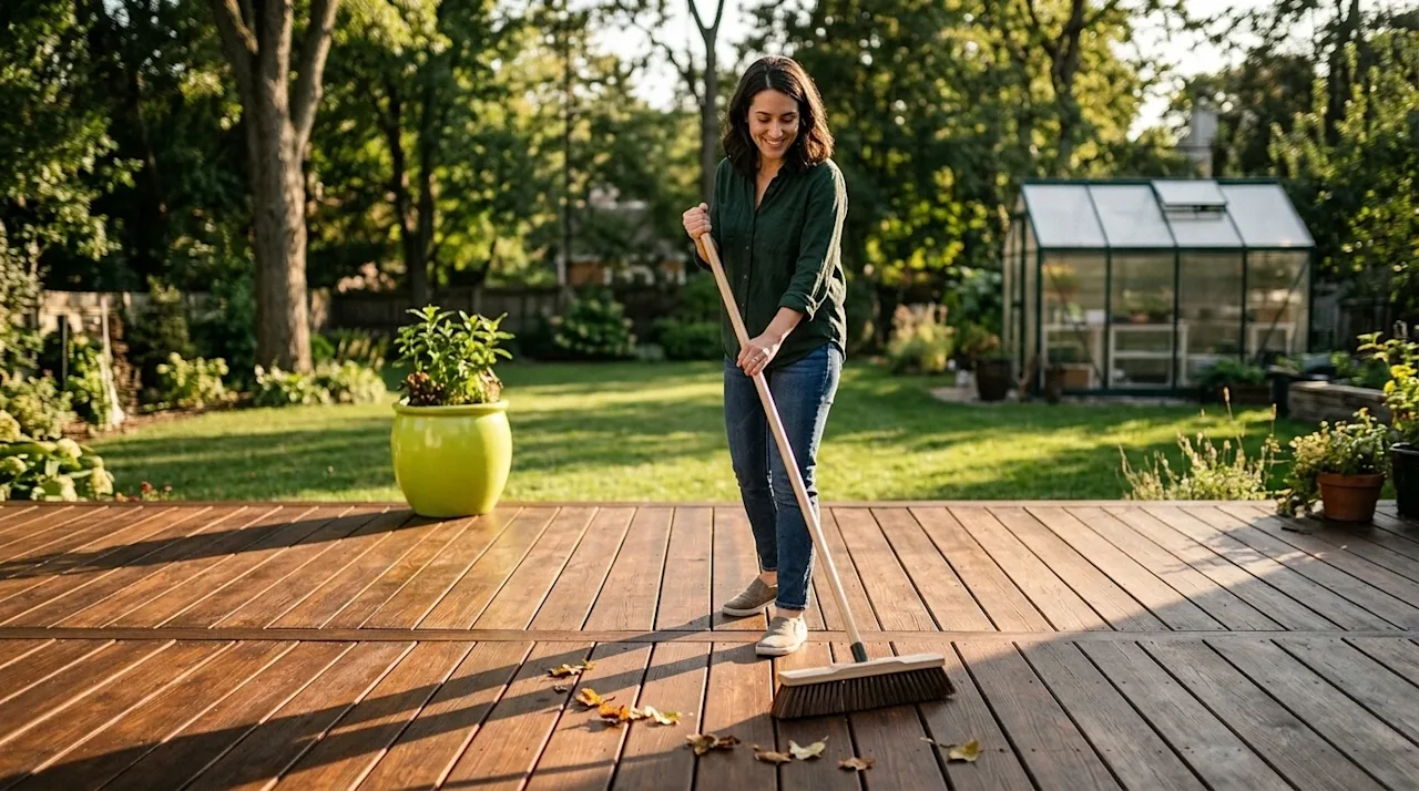 Professional marketing photography of a person maintaining a beautiful, richly stained wooden deck in a sunlit backyard. A sm