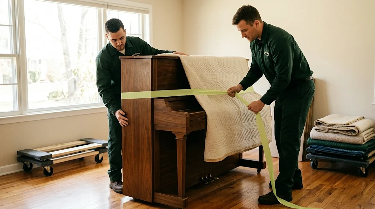 Candid, authentic lifestyle photography of professional movers carefully preparing an elegant wooden piano for transport insi