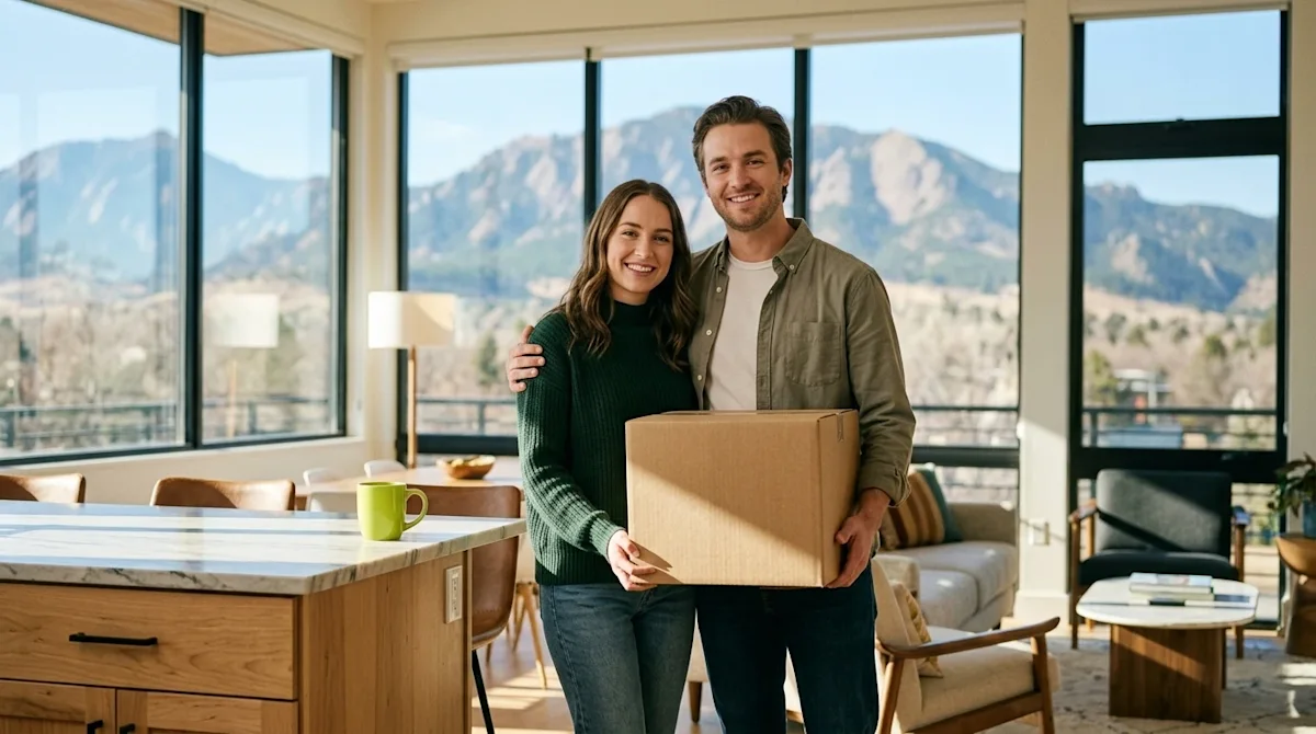 Clear and professional marketing photography of a stylish young professional couple standing in a modern, sunlit living room