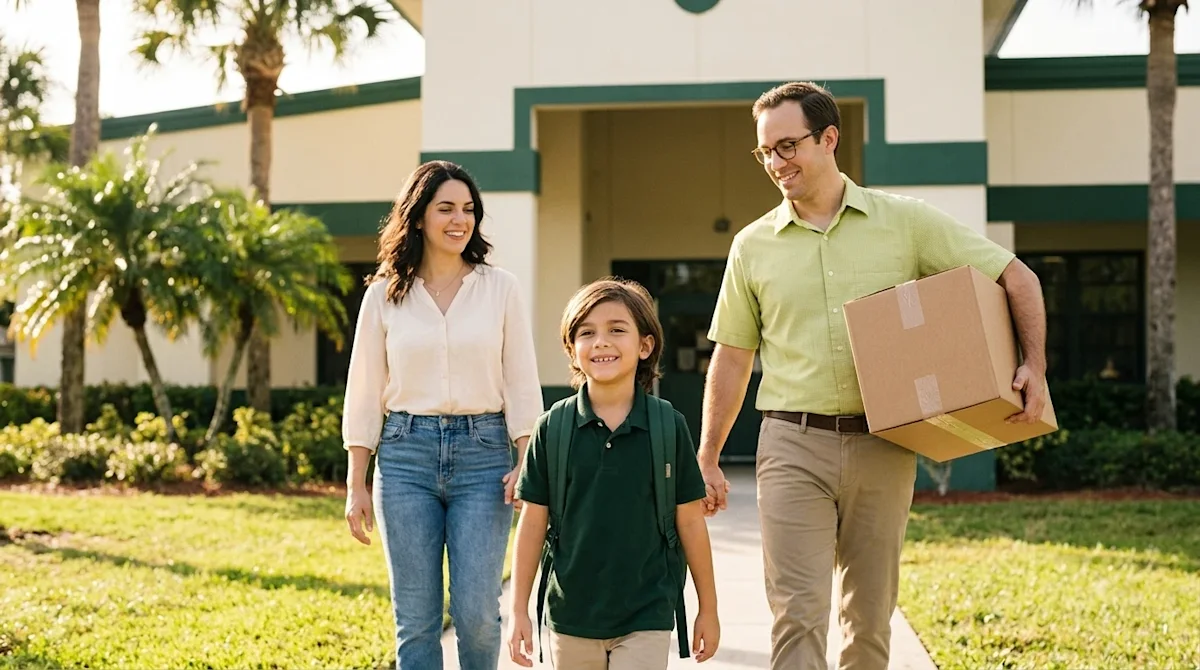 Clear, professional marketing photography of a happy young family arriving at a welcoming elementary school in Fort Myers, Fl