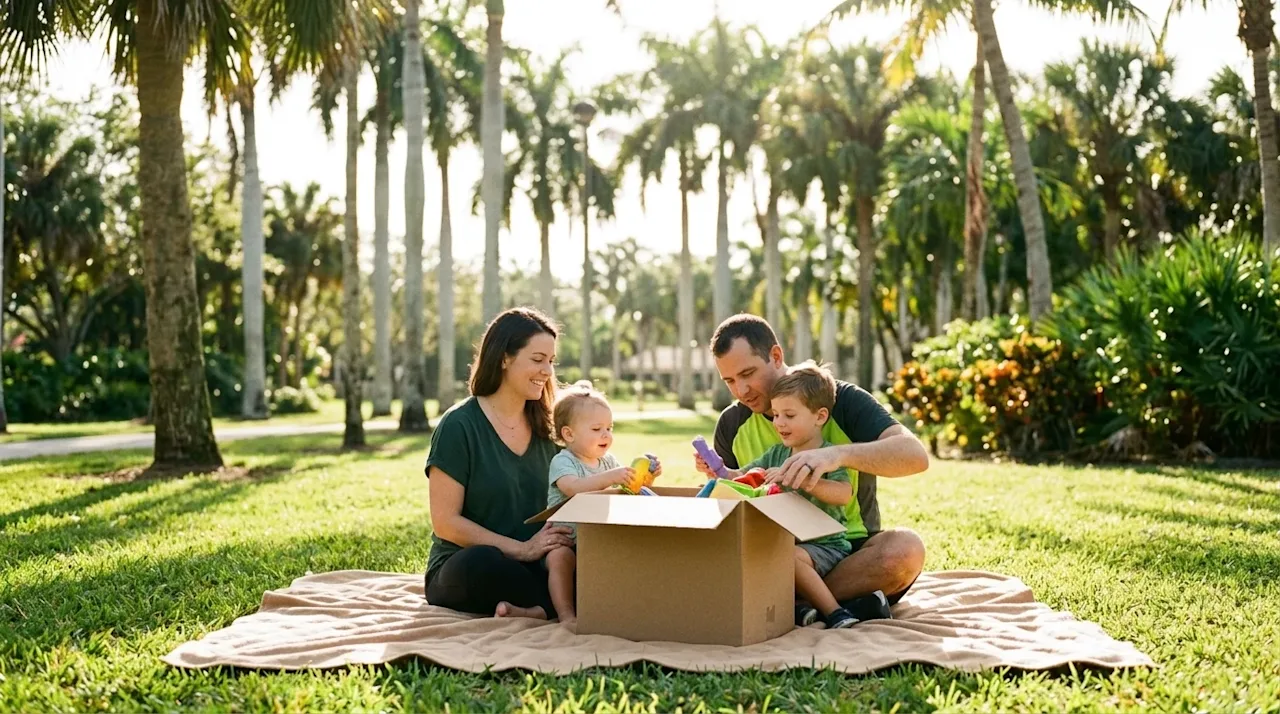 A candid, lifestyle 35mm film photography shot of a happy family with two young children enjoying a sunny, relaxed afternoon