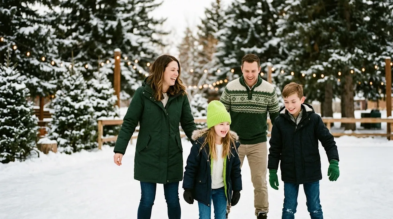A candid, high-quality lifestyle photograph of a family having fun ice skating at a snowy outdoor rink in Denver during winte