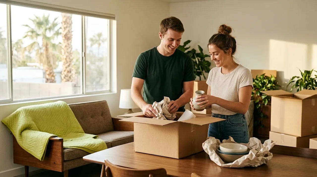 Professional marketing photography, authentic candid shot of a young couple packing their living room for a DIY move in a sun