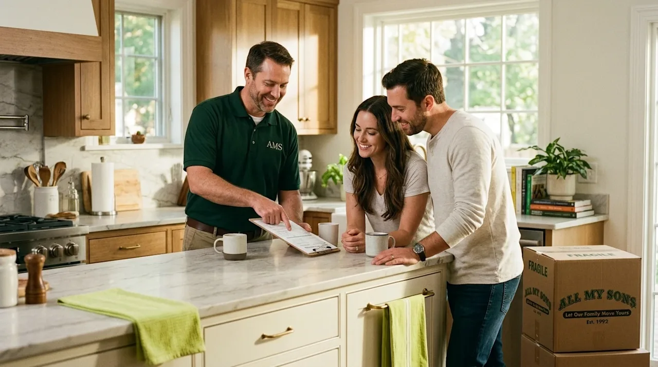 Candid lifestyle photography of a friendly moving consultant in a dark forest green polo shirt discussing a moving quote on a