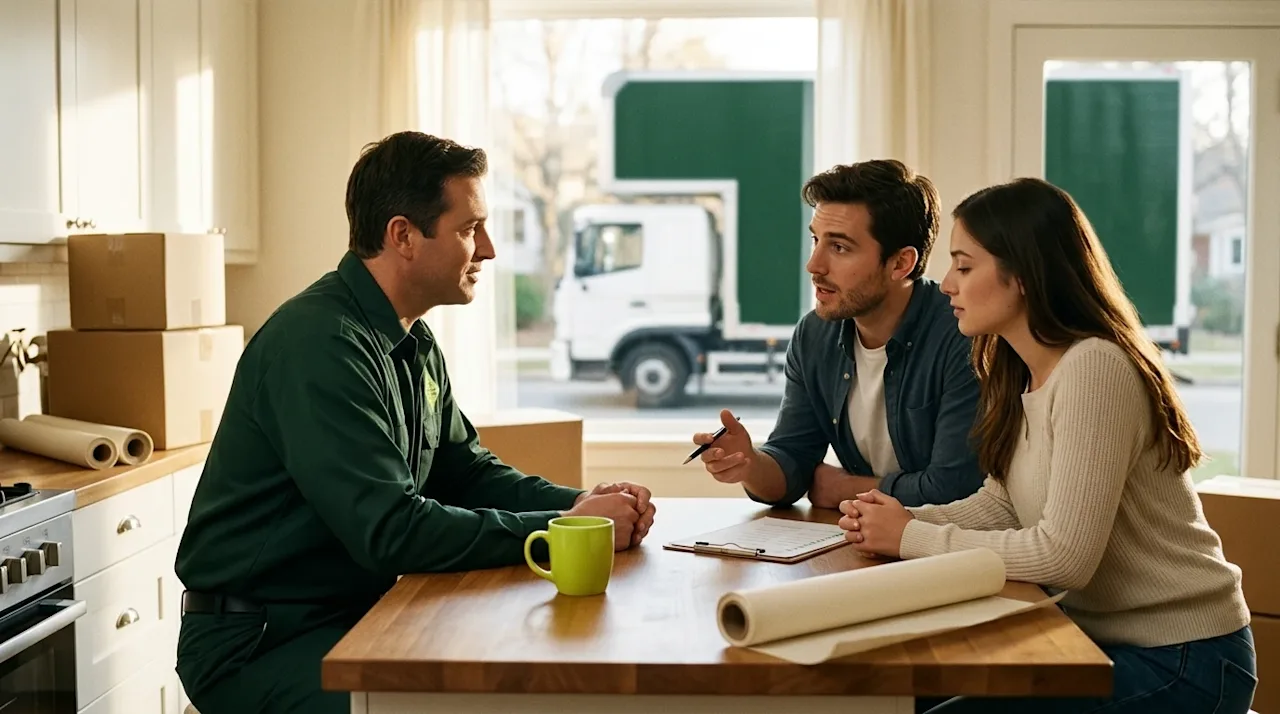 A candid, realistic 35mm lifestyle photograph of a friendly professional moving coordinator wearing a dark forest green unifo