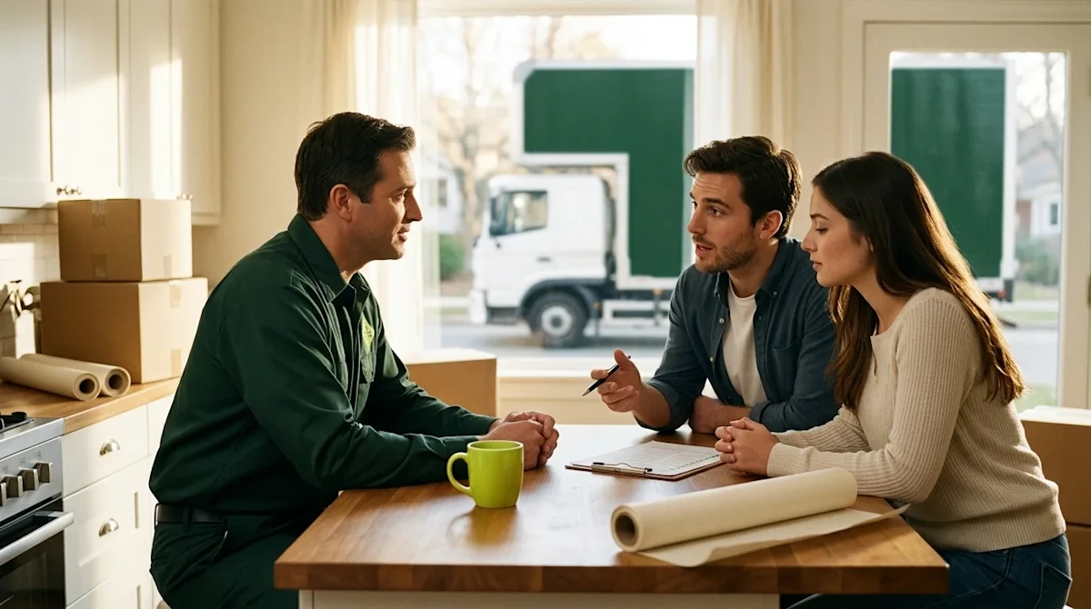 A candid, realistic 35mm lifestyle photograph of a friendly professional moving coordinator wearing a dark forest green unifo