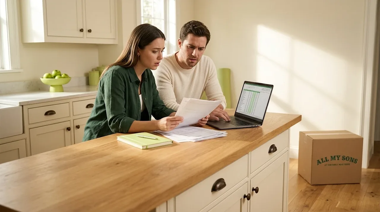 Clear and professional marketing photography of a young couple sitting at a natural wood kitchen island, looking slightly str