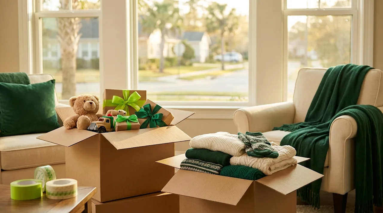 Cardboard moving boxes filled with holiday donations and winter clothes in a sun-drenched Jacksonville living room.