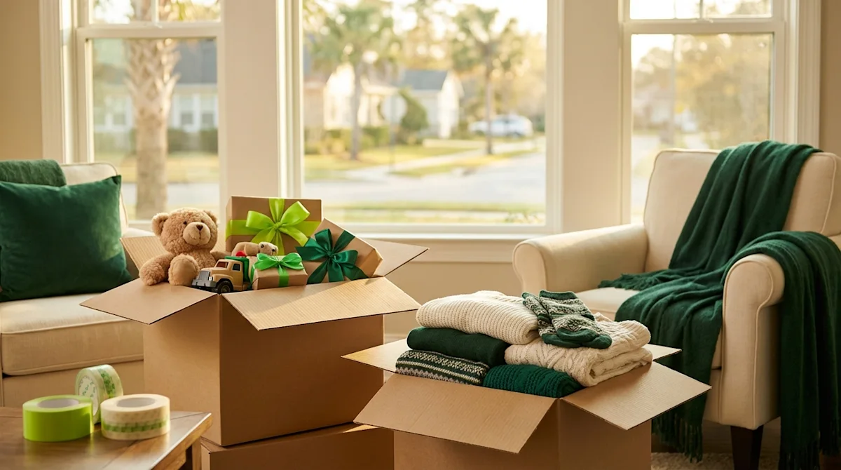 Cardboard moving boxes filled with holiday donations and winter clothes in a sun-drenched Jacksonville living room.