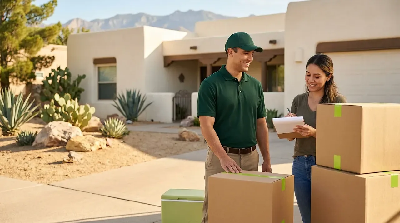 Professional mover in green uniform consulting with a customer in a sunny El Paso driveway near moving boxes.