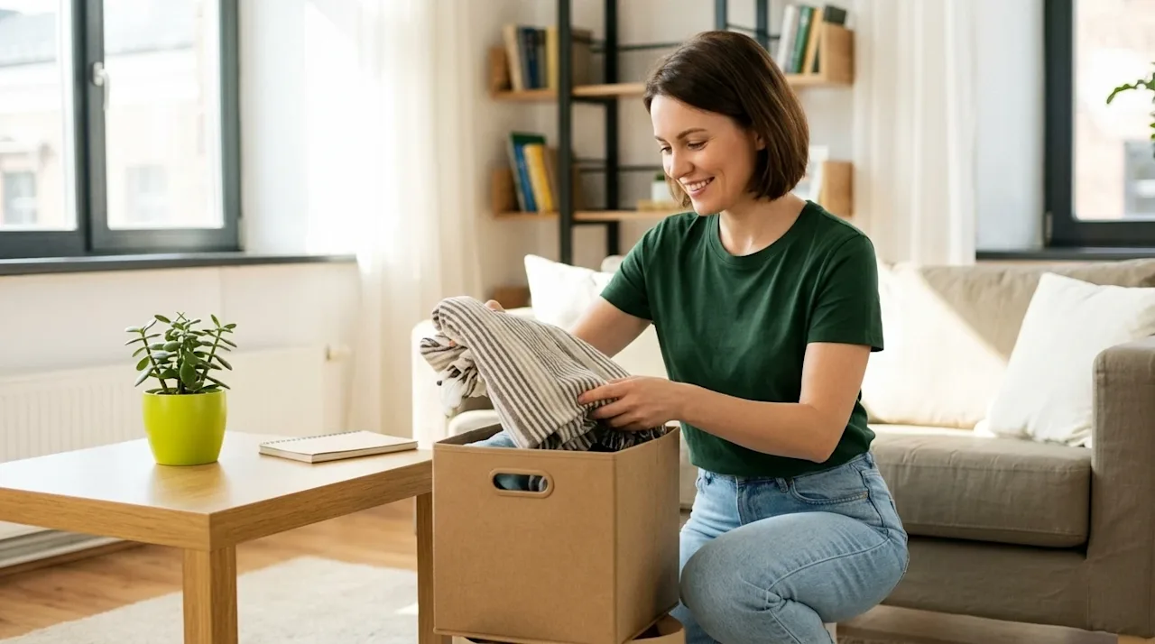 Authentic lifestyle photography of a smiling person organizing a cozy, sunlit living room to represent decluttering. The pers