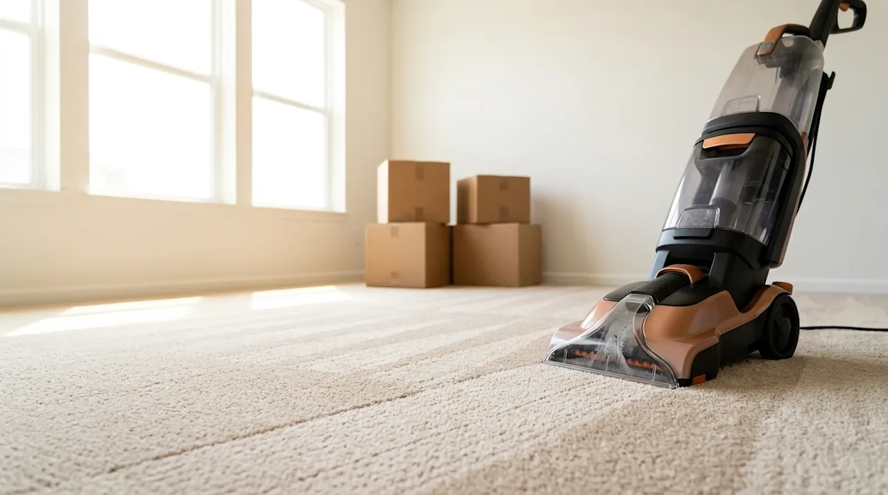 Professional interior photography of a bright, spacious living room during a move-out, focusing specifically on the carpet cl