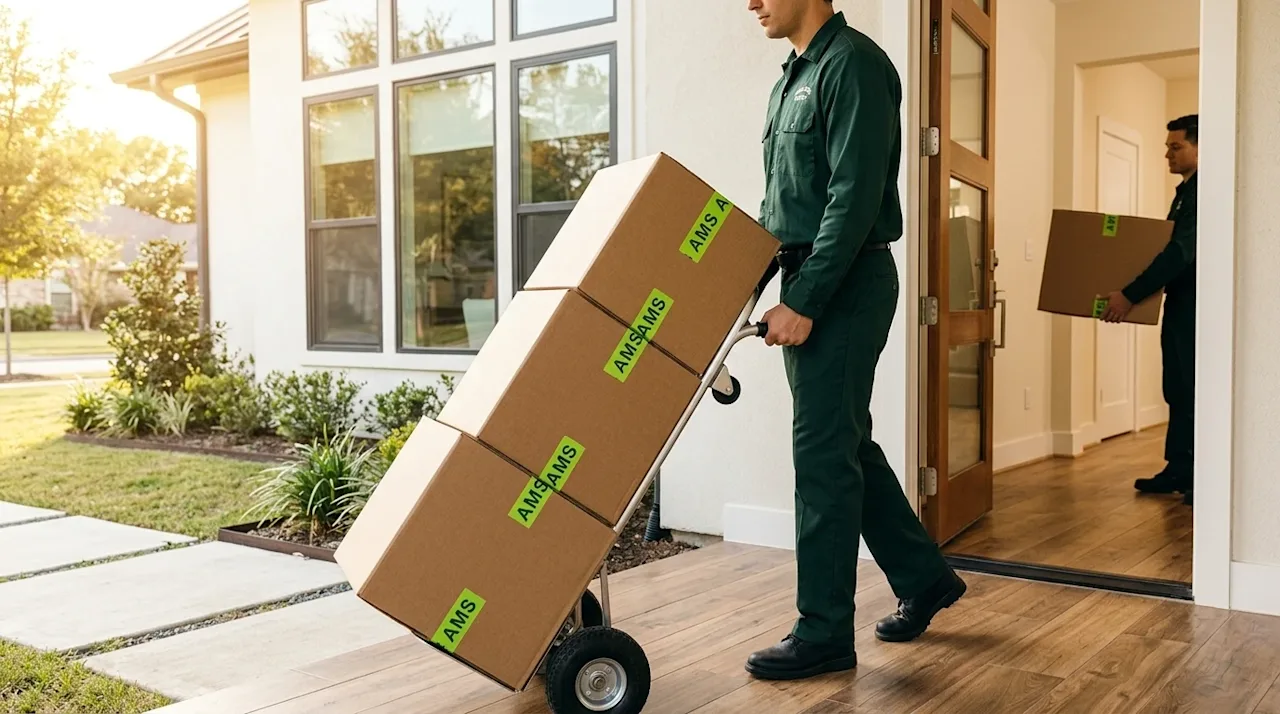 Professional marketing photography capturing an efficient and fast-paced moving day. A professional mover wearing a dark fore