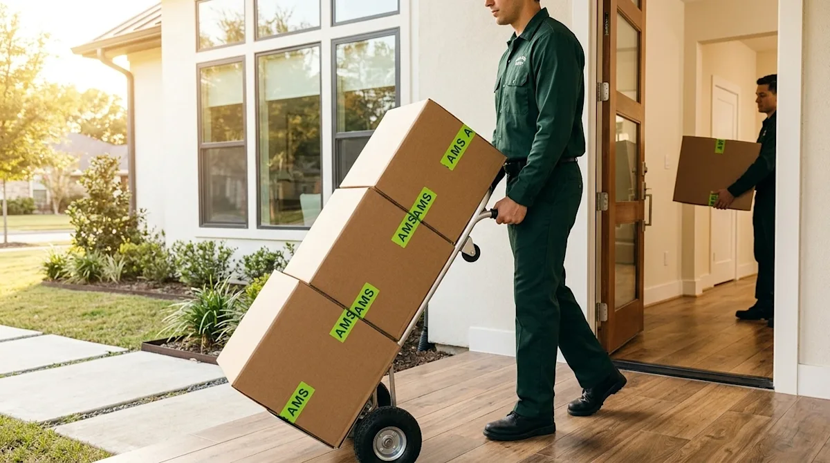 Professional marketing photography capturing an efficient and fast-paced moving day. A professional mover wearing a dark fore