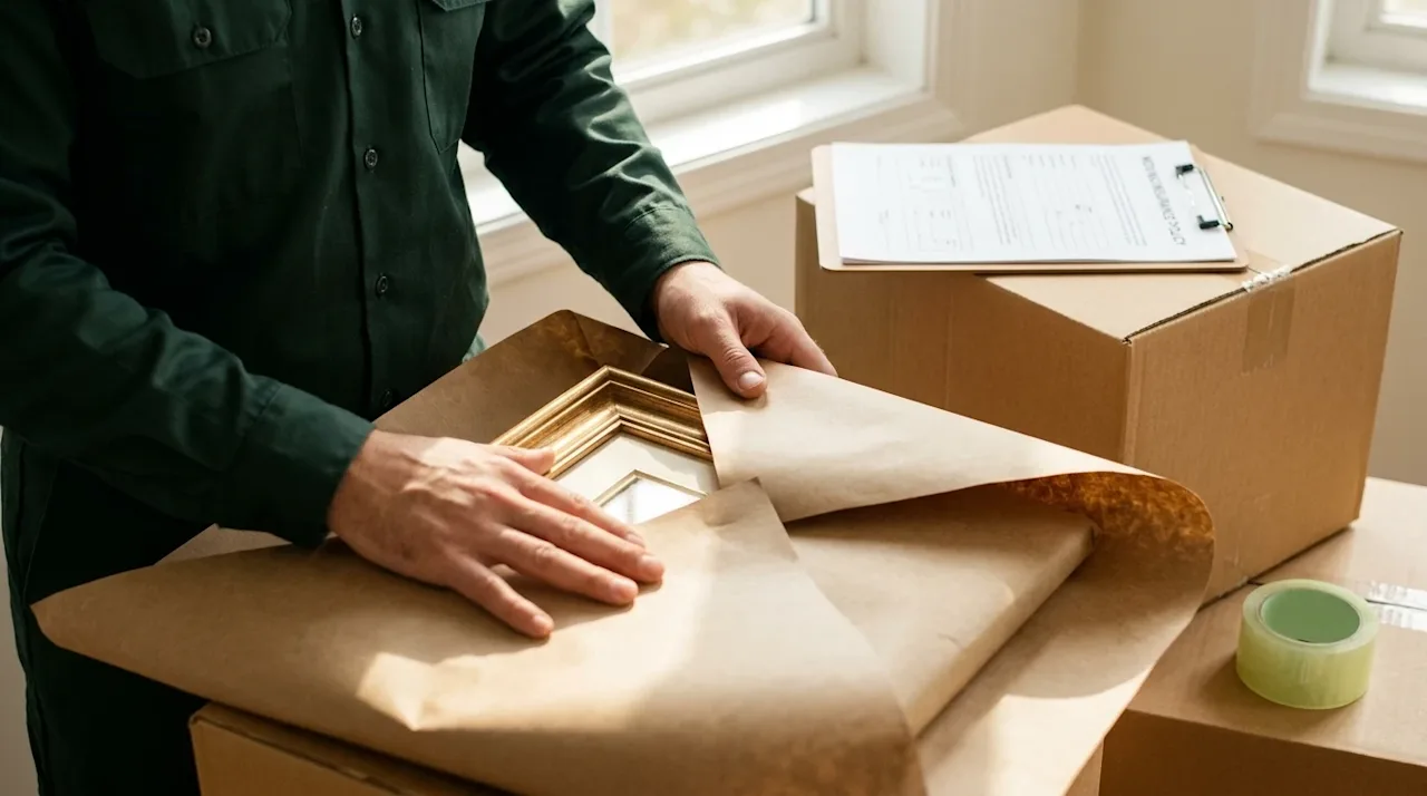 High-quality lifestyle photography representing moving insurance, care, and protection. A close-up, warm, candid shot of a pr