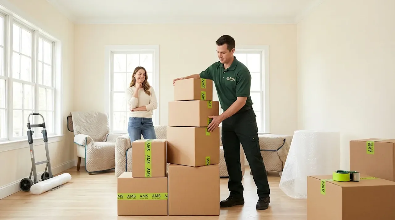 Professional mover in green uniform stacking boxes in a bright room with a smiling homeowner.