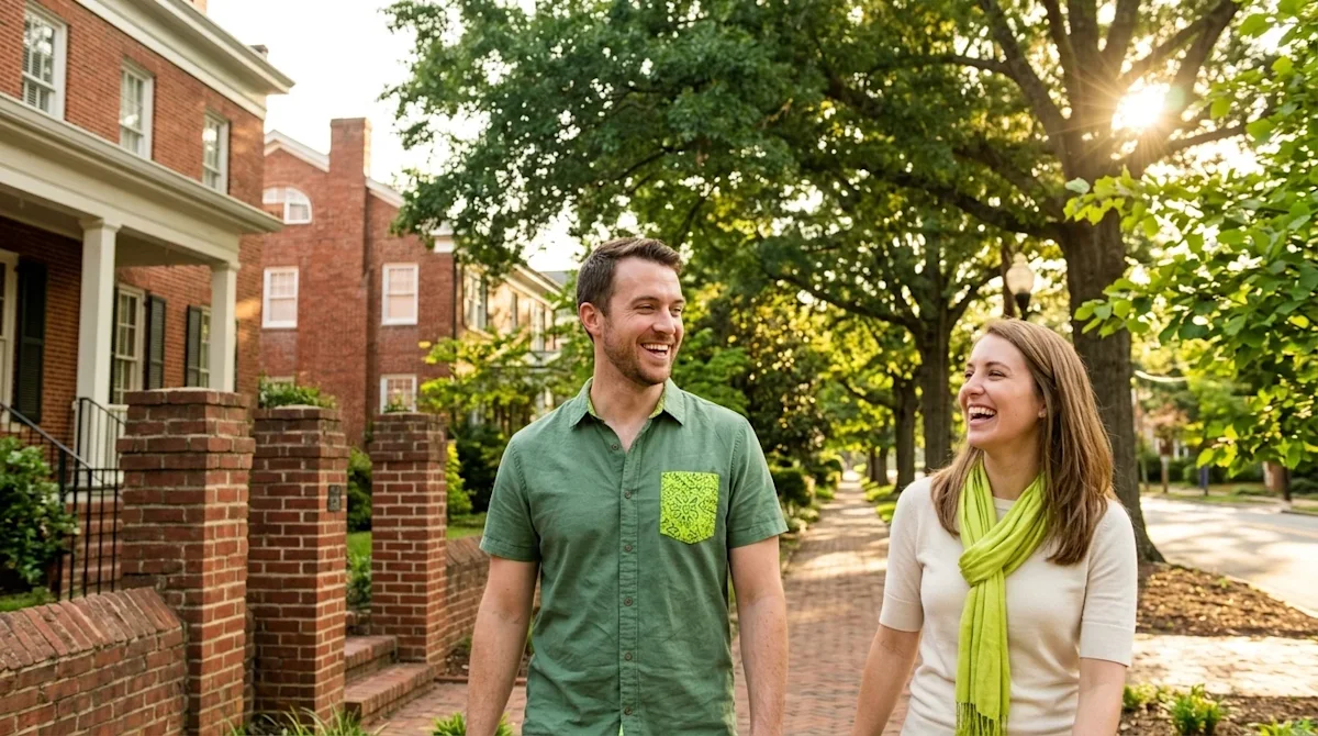Professional marketing photography for a "Guide to Durham" blog. A welcoming, high-quality lifestyle shot of a happy couple w