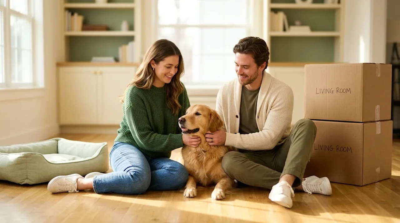 Professional marketing lifestyle photography of a happy couple sitting comfortably on the hardwood floor of a sunlit, welcomi