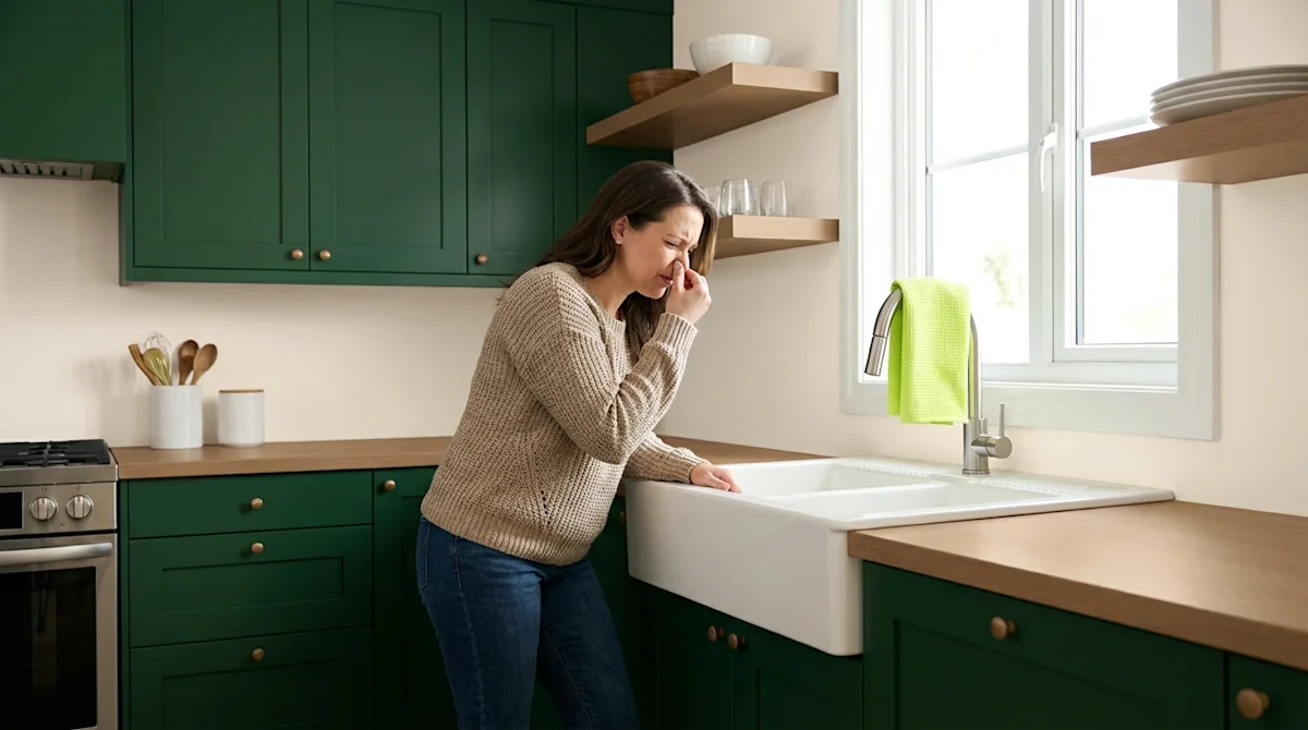 A photorealistic, high-quality photograph of a modern kitchen and sewage system.