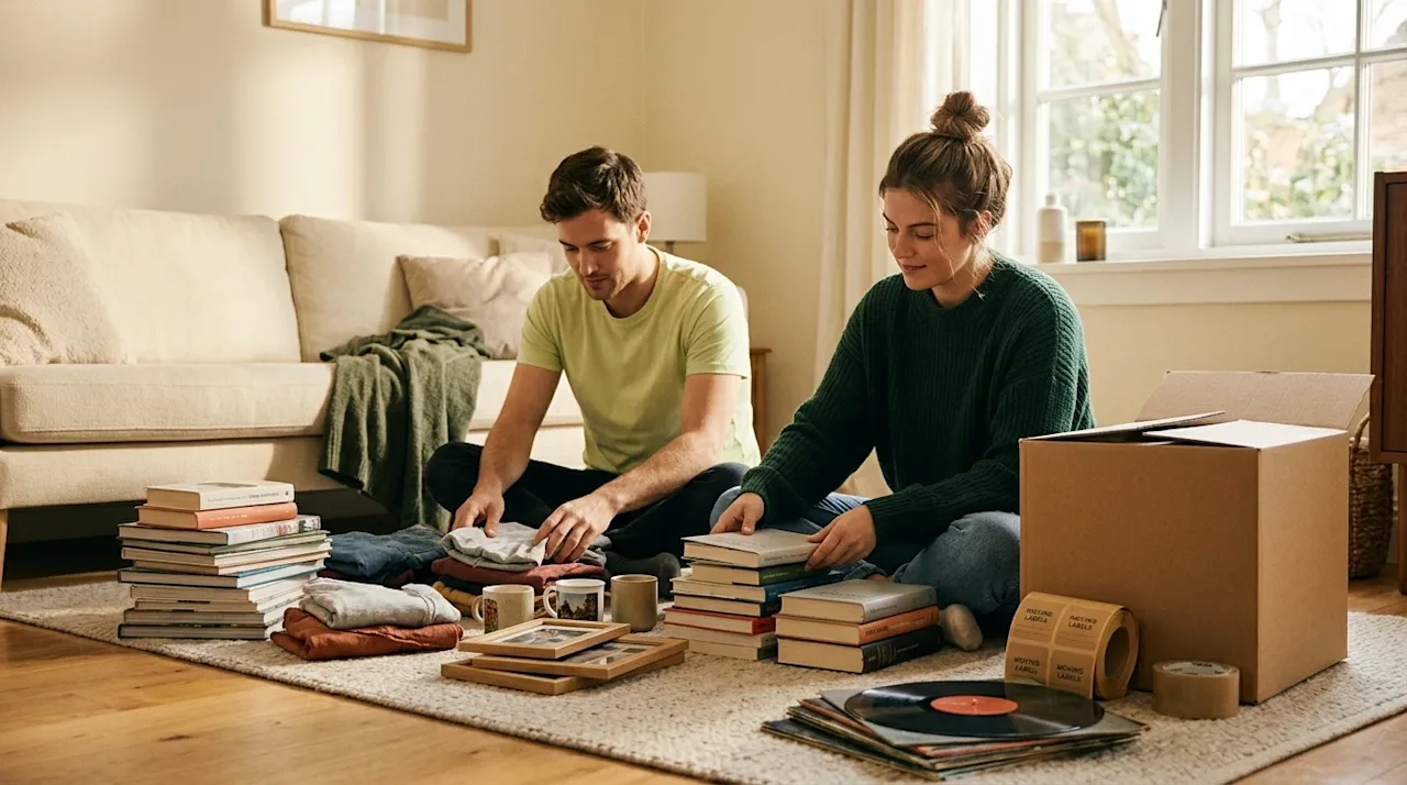 Professional marketing photography of a young couple in a warm, cream-colored living room, sitting on the floor actively sort