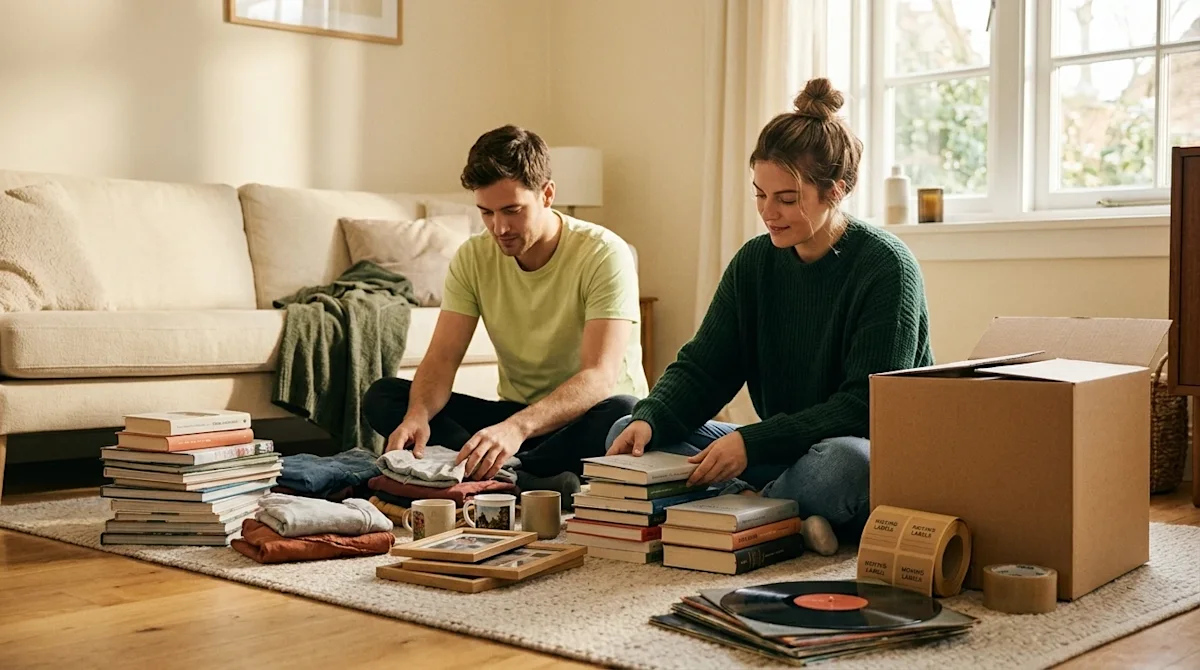 Professional marketing photography of a young couple in a warm, cream-colored living room, sitting on the floor actively sort