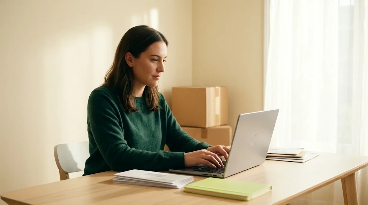 A professional marketing photograph of an individual sitting at a tidy wooden desk in a warm, inviting room, focused on typin