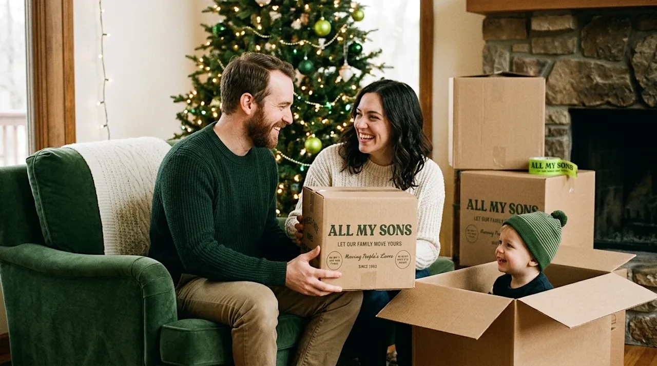 Authentic, candid lifestyle photography shot on 35mm film of a happy family moving into their new home during the holiday sea