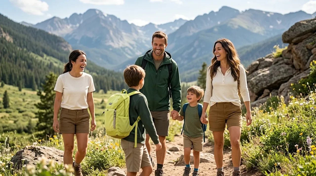 A bright, high-quality lifestyle photograph of a cheerful family enjoying a sunny day outdoors in Fort Collins, Colorado, while hiking.