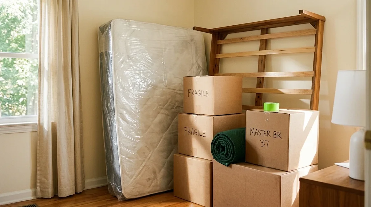A photorealistic, candid-style lifestyle photograph of a bedroom being carefully packed for a move. A large mattress, securel