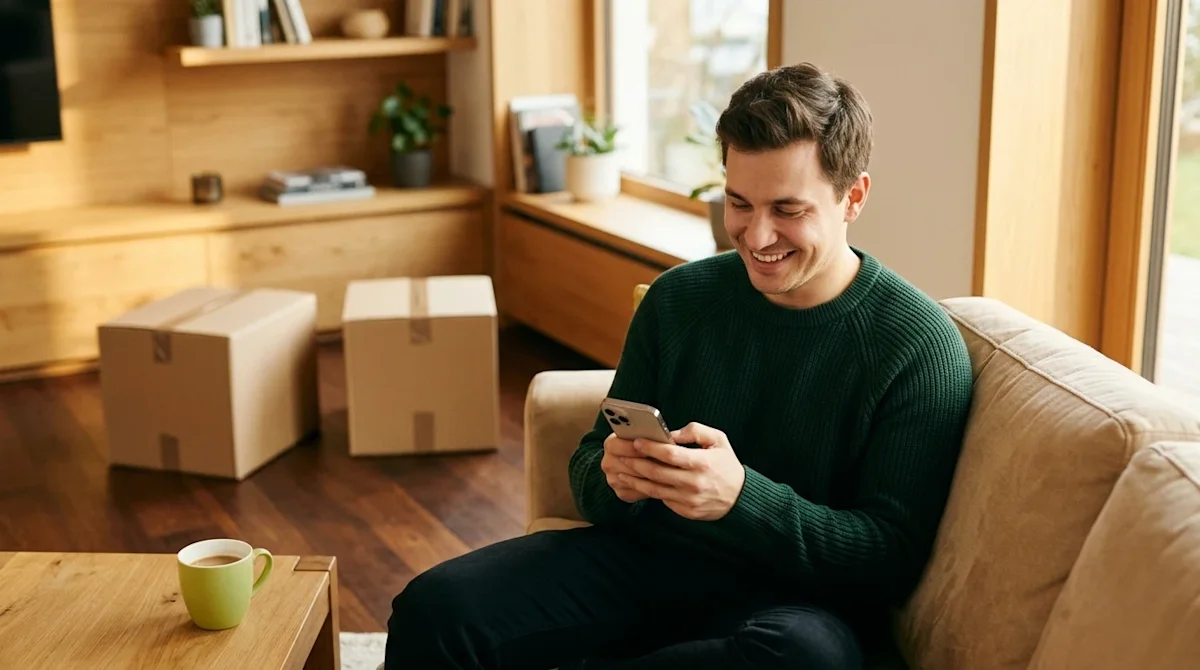 Professional lifestyle marketing photography, full-bleed photograph. A relaxed, smiling person sitting comfortably in a warml