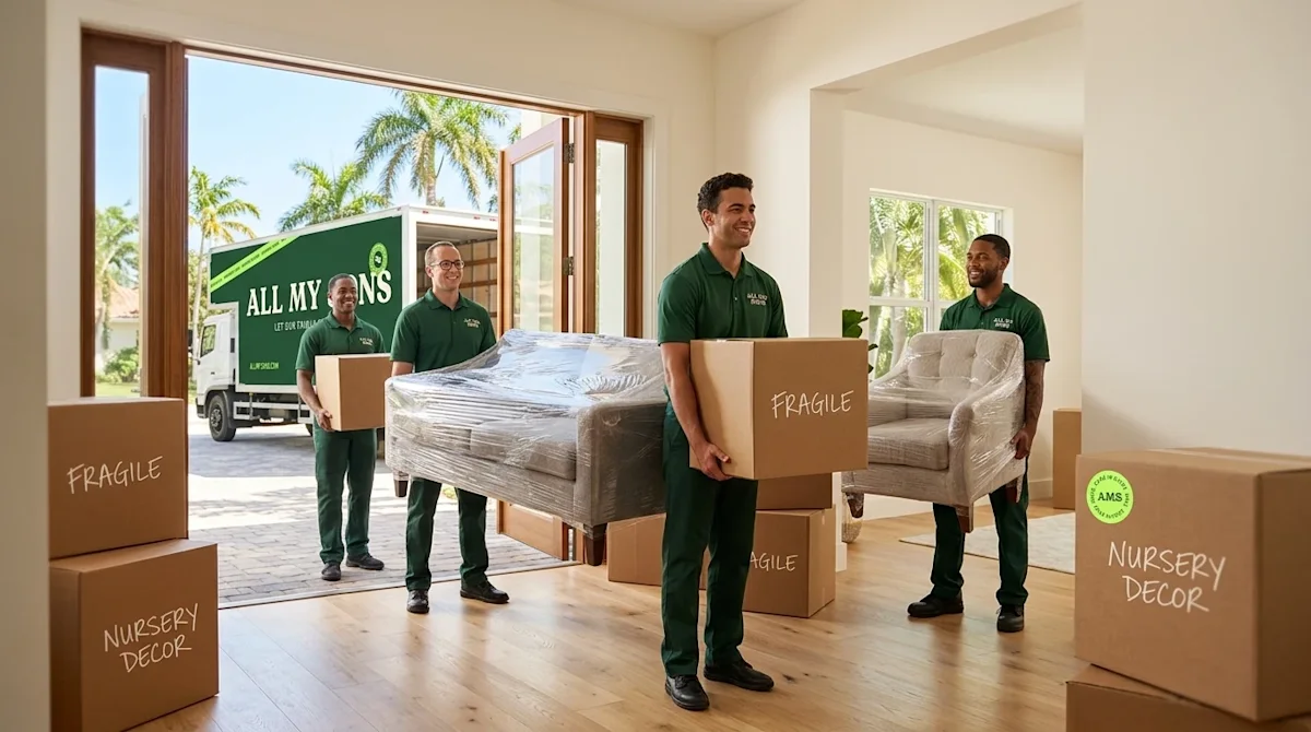 Commercial photography of a professional full-service moving crew in uniform, carefully carrying securely wrapped furniture a