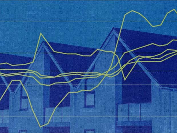 Image of houses with a blue paper texture overlay with graph lines showing