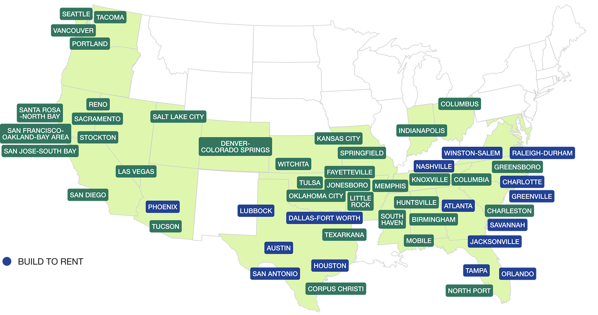 Institutional markets map with build-to-rent markets highlighted