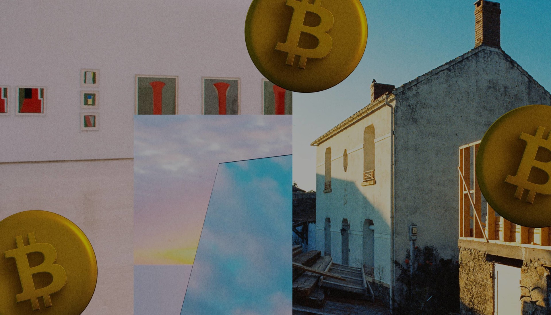 Collage of housed and Bitcoins