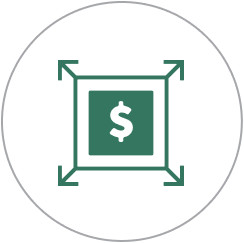 Green square with a dollar sign in the center with arrows pointing outwards from the corners