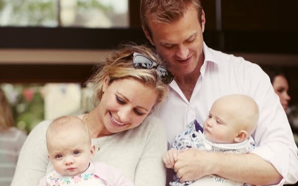 Holly Branson, Freddie Andrewes and two of their children, twins Etta and Artie.