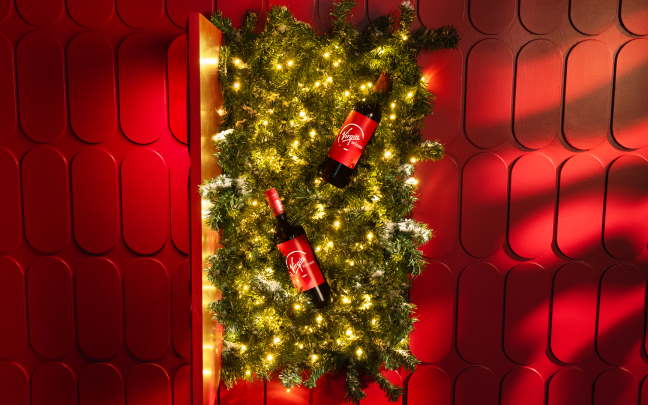 Virgin Wines bottles in Christmas door