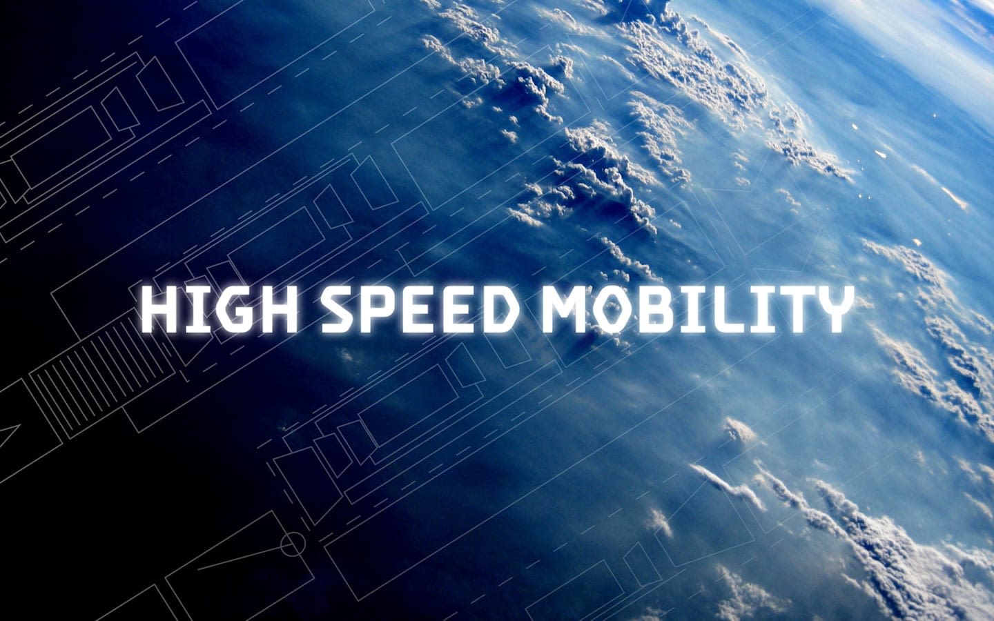 blue print graphics of Virgin Galactic Spacecraft super imposed on to an Earth's atmosphere background.  The Words "High speed mobility" in white text