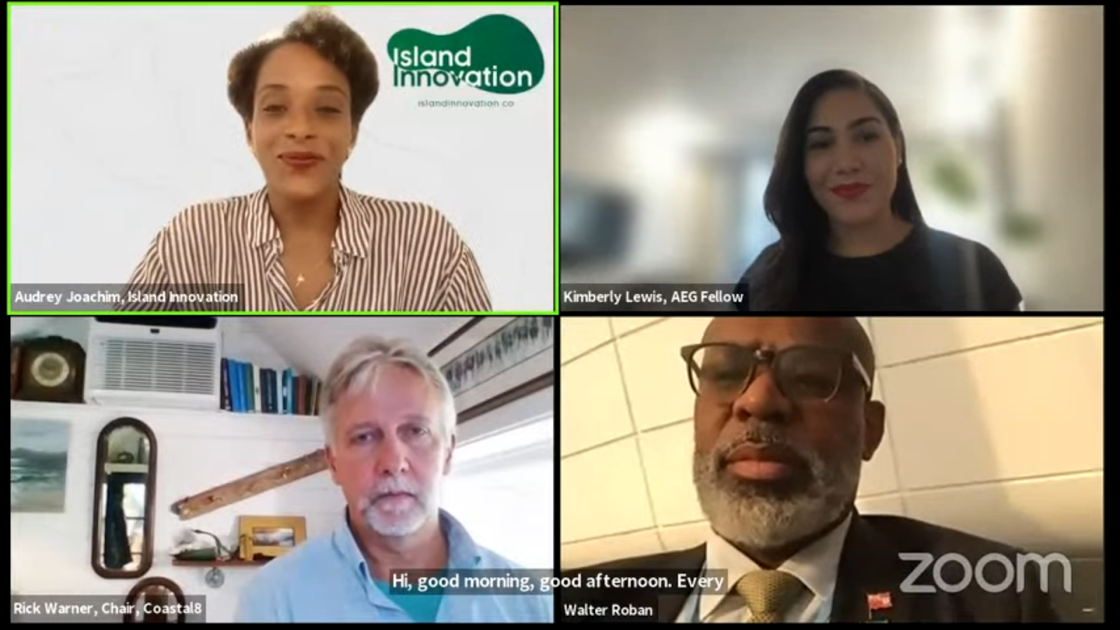 The Climate Resiliency Scorecard live stream interview at COP26 on November 4 featured (left to right, top to bottom): Audrey Joachim, Moderator, Island Innovation; Kimberly Lewis, AEG Fellow; Rick Warner, Chair of Coastal8 and The Honourable Walter Roban, Deputy Premier and Minister of Home Affairs of the Government of Bermuda.