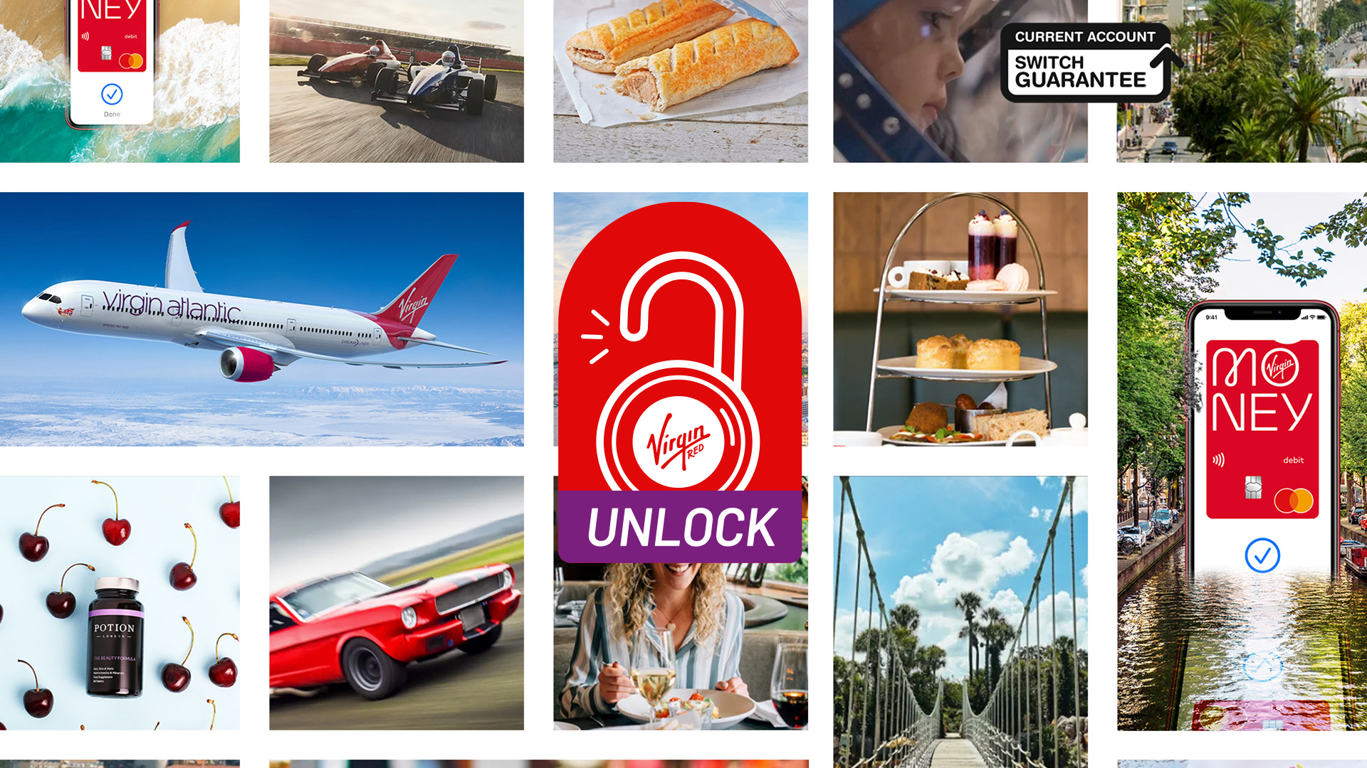 Image of what you could do with 20,000 Virgin Points, with an Unlock Virgin Red logo in the middle. 