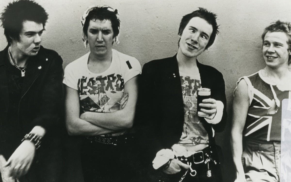 Black and white photo of the band The Sex Pistols