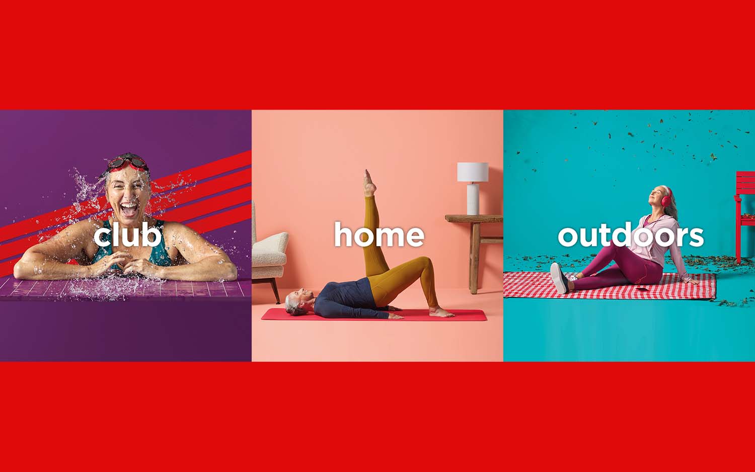 Three images showing a woman working out in club, at home and outdoors