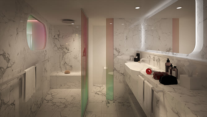 A bathroom in one of the suites on board Virgin Voyages' ship Scarlet Lady