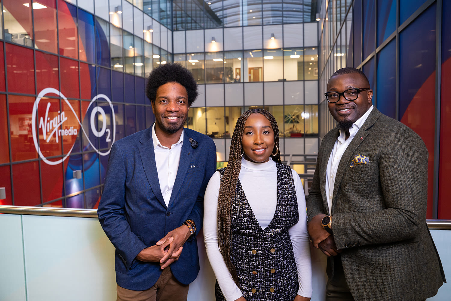 (L-R) Marc Nicoue and Leanna Edwards - co-chairs of Virgin Media O2’s Enrich employee network, and Duro Oye, Founder and Chief Executive Officer at 20/20 Change